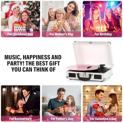 Vinyl Record Player Bluetooth 3-Speed Portable Vintage Suitcase with Built-in Speakers, RCA Line Out AUX in Headphone Jack Vintage Turntable, White thumbnail 8