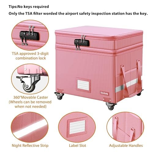 DocSafe File Box with Lock,2-Layer Fireproof Document Box with Wheels,Collapsible Rolling File Storage Organizer with Pockets,Large Portable Home Office Filing Cabinet Safe for Hanging Folders,Pink thumbnail 6