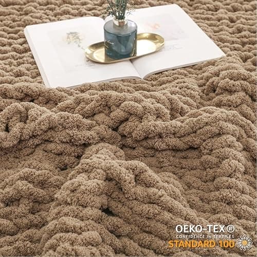 WESHIONGOO Chunky Knit Blanket Throw 51"×63" Knitted Throw Blankets for Couch Bed Fluffy Soft Blanket with Jumbo Chenille Yarn Thick 100% Handmade (Brown) thumbnail 6