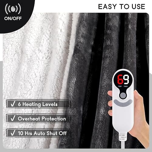 Minervada Heated Blanket Electric Blanket Full Size 72''x84'', Soft Flannel Heating Blanket with 1-10 Hour Auto Off - 6 Heat Settings - Machine Washable - Dark Grey thumbnail 4