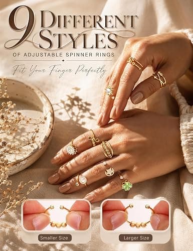 Florideco 14K Gold Plated Fidget Ring for Women Adjustable Spinner Ring Set | Stainless Steel Spinner Band, Hypoallergenic Stress Relief, Butterfly ,Clover thumbnail 3