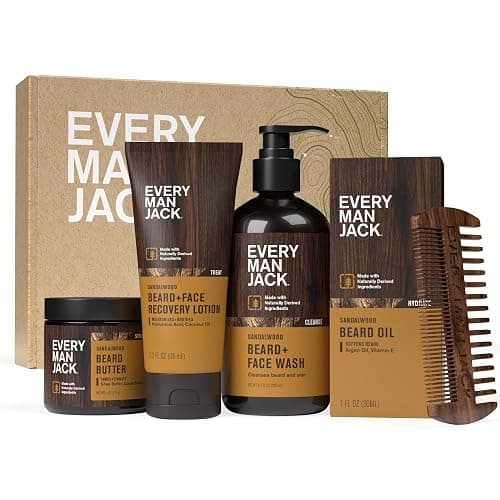 Every Man Jack Men's Sandalwood Beard Set - Perfect for Every Guy - Five Grooming Essentials For a Complete Routine - Beard + Face Wash, Beard + Face Lotion, Beard Oil, Beard Butter, and Beard Comb - Image 1