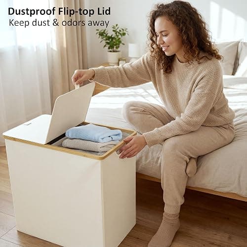 efluky Laundry Hamper with Lid, Double Laundry Basket with 2 Removable Bags, 2 Section Laundry Bin with Bamboo Handles for Bathroom, Bedroom & Laundry Room, 140L (36.9 Gallon) Beige thumbnail 7