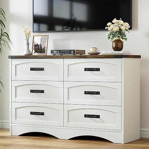 Decofy 47" Farmhouse 6-Drawer Dresser for Bedroom, Pure White + Walnut | Bar Handles, Rustic Wood Design, Large Storage Drawers, For Bedroom, Living Room, Hallway, And Entryway thumbnail 4