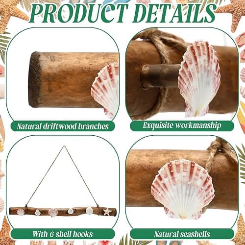 Kathfly 22 Inch Bikini Wall Hook Rack Wooden Beach Seashell Wall Mounted Hook Natural Driftwood Bikini Rack Branch Swimsuit Organizer for Farmhouse Home Bathrooms Hanging Decors thumbnail 6
