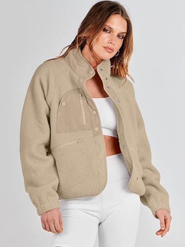 ANRABESS Womens Fuzzy Fleece Jacket Fall Casual Long Sleeve Cropped Sherpa Button Down Shacket Coats Outwear With Pockets thumbnail 8