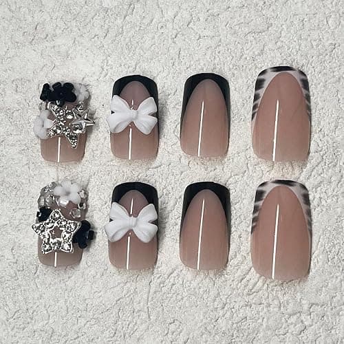 ROFIBUT French Tip Press on Nails Short Square Fake Nails with Bow Charms Designs Black White Zebra Print False Nails Cute Small Flowers Silver Star Nail Rhinestones Stick on Nails for Women 24Pcs thumbnail 3