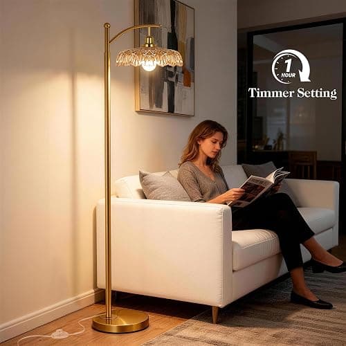 Gold Floor Lamp for Living Room, Dimmable Mid Century Modern Standing Lamp with Remote Control and Amber Glass Shade, 68" Tall Lamp for Bedroom, Vintage Retro Antique Glass Flower Lamp, Brushed Gold thumbnail 7