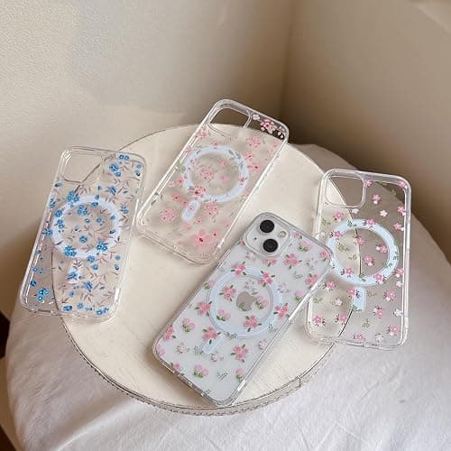 QLTYPRI Magnetic for iPhone 13/14 Case Compatible with Magsafe, Cute Floral Flower Aesthetic Phone Case Slim Clear Anti-Yellowing Shockproof Phone Cover for Girls Women - Pink White thumbnail 7