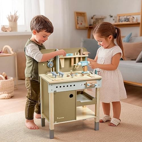 Kids Tool Set,Wooden Tools Bench with Apron Toddler Toy Workbench with Realistic Tools Electric Drill STEM Construction Toy Gifts for Age 3-9 Boys Girls thumbnail 8