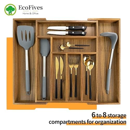 EcoFives Luxury Acacia Kitchen Drawer Organizer - Silverware Organizer - Utensil Holder and Cutlery Tray with Grooved Drawer Dividers for Flatware and Kitchen Utensils (8 Slot) thumbnail 3