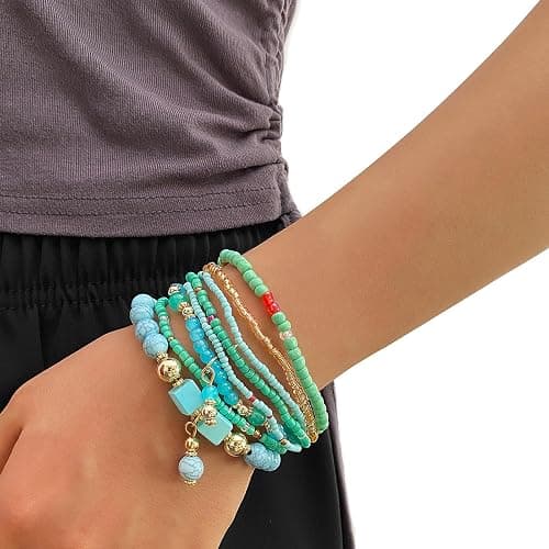 IFKM 8PCS Beaded Bracelets for Women, Multilayered Stackable Strand Stretch Bead Bracelet Pack Handmade Trendy Bohemian Charm Jewelry thumbnail 5
