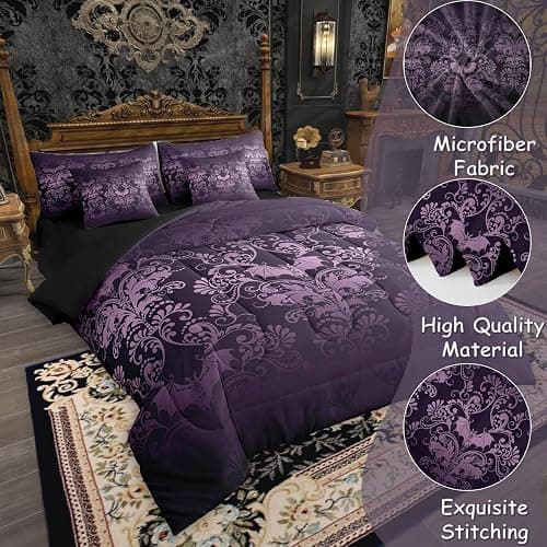 Erosebridal Gothic Damask Bed in a Bag Queen Comforter Set 7 Piece,Halloween Bat Bedding Sets Purple Victorian Floral Goth Sheet Set with Comforter thumbnail 2