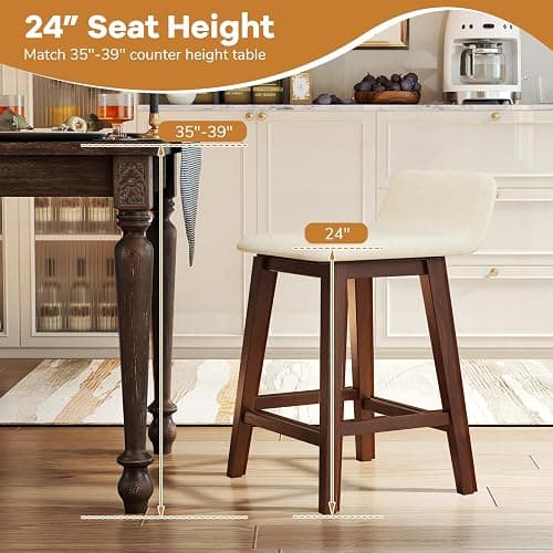 Giantex 24" Bar Stools Set of 4, Upholstered Counter Height Barstools with Low Back, Footrest, Armless Wood Bar Chairs for Kitchen Island, Dining Room, Brown & Beige thumbnail 5