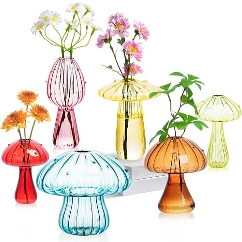 Mushroom Vase, Set of 6 Colored Flower Vase, Propagation Stations Vases, Small Bud Vases Home Decor Cute Glass Mushroom Planter for Room Office Decoration (Colorful) - Image 1
