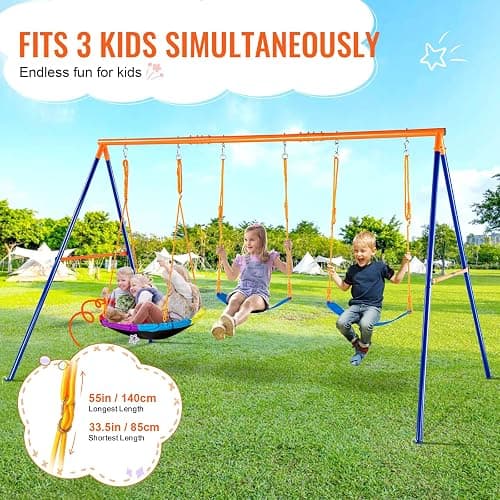 VEVOR Swing Sets for Backyard, with 1 Saucer Swing Seat, 2 Belt Swing Seats, 600lbs Load Capacity Swing Set, Heavy Duty A-Frame Metal Swing Stand and Adjustable Rope, Swingset Outdoor for Kids thumbnail 6