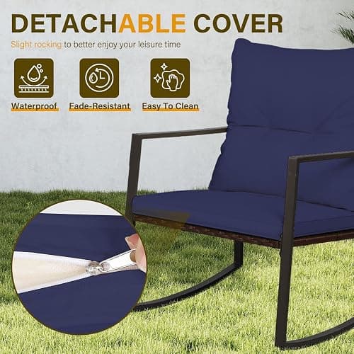 SUNCROWN 3 Piece Outdoor Rocking Bistro Set Brown Wicker Furniture Porch Chairs Conversation Sets with Glass Coffee Table, Dark Blue thumbnail 8
