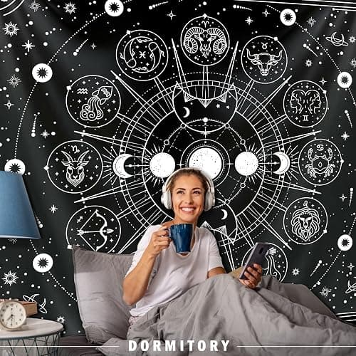 Sun Moon Zodiac Tapestry Wall Hanging, Stars Space Tarot Tapestries, Psychedelic Black and White Tapestry for Bedroom Aesthetic Home Wall Room Decor (Mysterious Zodiac 29x39 inches) thumbnail 3