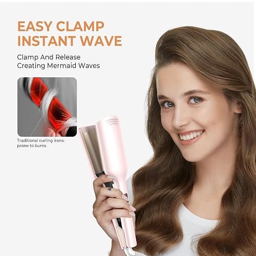 Curling Iron Hair Crimper Waver, Beach Waves Curling Wand, Waver Hair Tool, Double Voltage, Easy to Use, Pink, 1.25 Inch with UK/EU Plug thumbnail 5