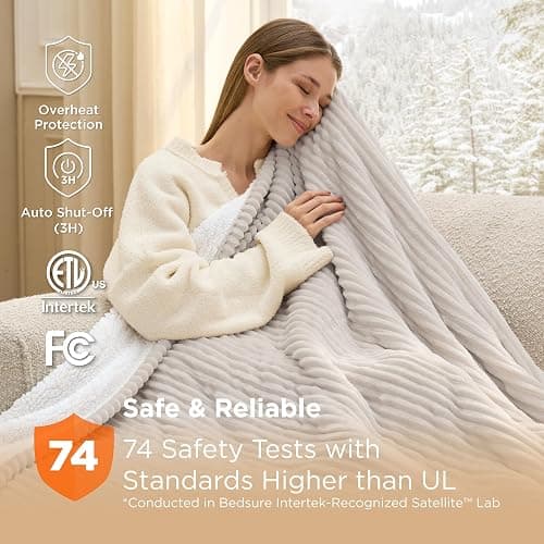 Bedsure GentleSoft Heated Blanket Throw - Soft Ribbed Flannel Electric Blanket, Heating with 4 Time Settings, 6 Heat Settings, and 3 hrs Timer Auto Shut Off, Gifts for Grandma (50x60 inches, Cream) thumbnail 5