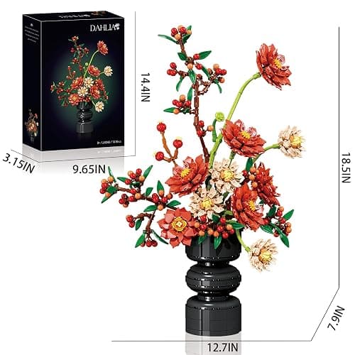 Dahlia Flower Building Set with Vase,Botanical Bouquet Collection Block | Artificial Festive Holiday Flowers for Decoration,Women,Girl,Girlfriend(1416PCS) thumbnail 2