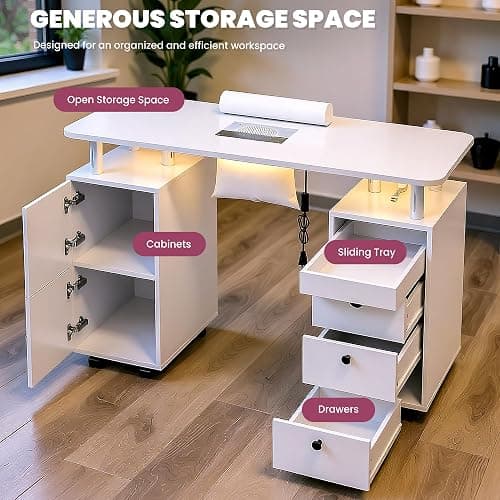 HolaiNail Nail Desk for Nail Tech w/Electric Dust Collector, Rolling Manicure Table w/Lockable Wheels, Storage Drawers, Wrist Cushion, Acetone Resistant, for Nail Beauty Salon Workstation (White) thumbnail 7