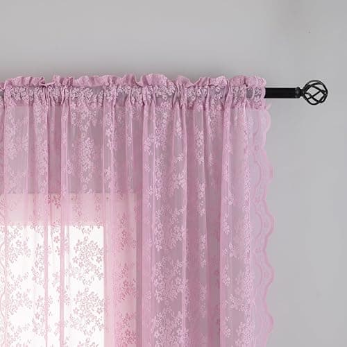 YJ YANJUN Vintage Lace Curtains 63 Inch Length-Victorian Floral Pattern Lilac Sheer Curtain Panels for Living Room Bedroom,Light Filtering, Cute Girls Drapes 2 Panels 52W x 63L Purple Blush thumbnail 2