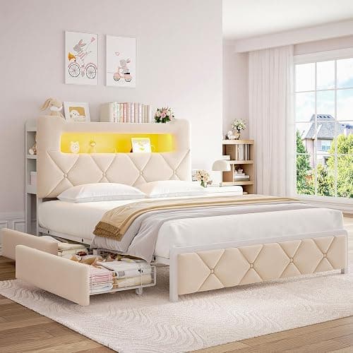 Full Upholstered LED Bed Frame with 2 Storage Drawers and 2-Tier Storage Headboard, Velvet Princess Platform Bed with Charging Station & Bookcase,Heavy Duty Metal Support,No Box Spring Needed,Beige thumbnail 8