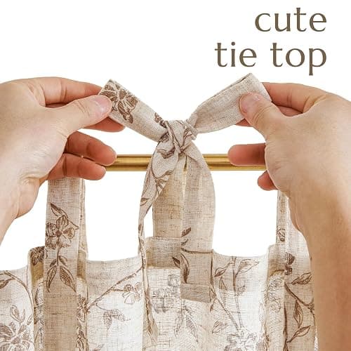 jinchan Floral Kitchen Curtains 24 Inch Linen Tier Curtains Farmhouse Cafe Half Window Drapes Over Sink Light Filtering Taupe on Beige for Living Room Laundry Tie Top 2 Panels thumbnail 8