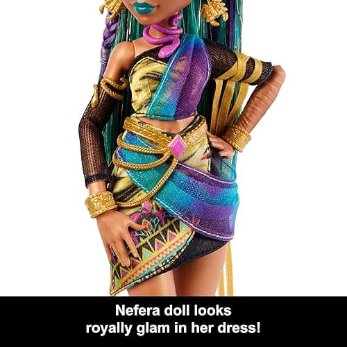Monster High Nefera De Nile Doll, Royal Mummy in Dress with Pet Scarab Lavish and 7 Accessories Like Purse, Laptop, Sunglasses, Drink and Snacks thumbnail 4