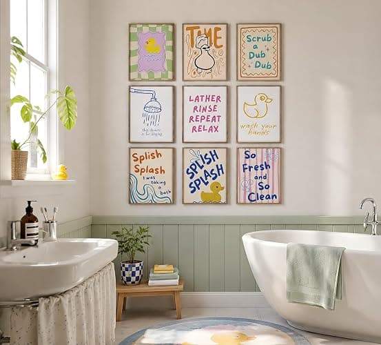JBZDD 9 Pcs Funny Kids Bathroom Wall Art Prints, Retro Preppy Rubber Duck Canvas Poster Wall Decor, Colorful Whimsical Duck Decorations for Kids Nursery Toddler Washroom Toilet, 8x10 Inch Unframed thumbnail 5