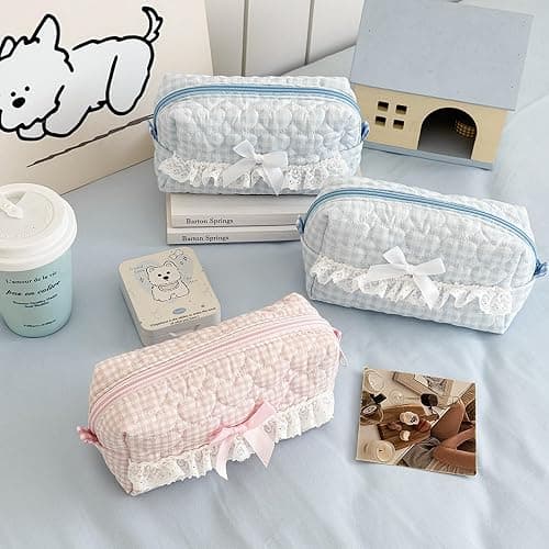 Aniute Floral Quilted Pencil Case with Bow Large Capacity Aesthetic Pen bag Makeup Bag Cute Cosmetic Organizer Pouch Stationery Storage Bag for School Office Travel (Pink heart) thumbnail 7