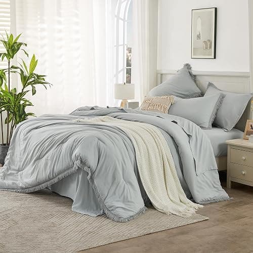 Andency Light Grey Queen Size Comforter Set with Sheets - 7 Pieces Boho Tassel Bed in a Bag Soft Lightweight Bedding Sets, Light Grey Fringe Bed Set with Comforter, Sheets, Pillowcases & Shams thumbnail 2