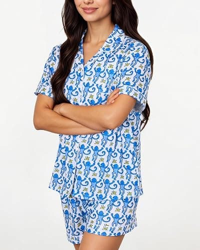 Zuafy Women's Pajamas Set Button Down Ladies Summer Pajamas Monkey Printed Sleepwear Short Sleeve 2 Pc Pjs for Birthday Gift thumbnail 4