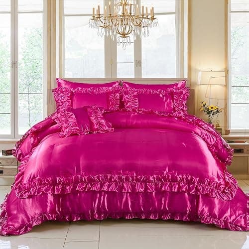 MOVE OVER Hot Pink Satin Comforter Set Queen Size 8 Pieces Bed in a Bag Farmhosue Shabby Chic Ruffle Comforter Set Luxury Silk Like Satin Bedding Set Boho Chic Satin Ruffled Comforter Sets - Image 1