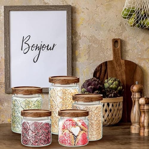 Gerrii 5 Pcs Begonia Pattern Round Vintage Glass Food Storage Containers 17/24/34 oz Glass Jar with Lid Airtight Candy Jar Food Canisters for Kitchen Counter Pantry Coffee Tea Beans thumbnail 6