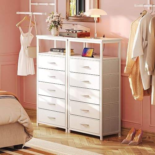 Huuger White Dresser with 5 Drawers & Charging Station, Tall Dresser for Bedroom, Tall Night Stand with PU Leather Finish, Open Shelf, Nightstand for Bedroom, Closet, Hallway, Entryway thumbnail 7