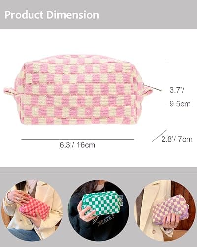 PAZIMIIK Checkered Makeup Bag for Purse Portable Zipper Make Up Pouch Small Cosmetic Case for Travel Accessories Pink Beige thumbnail 5