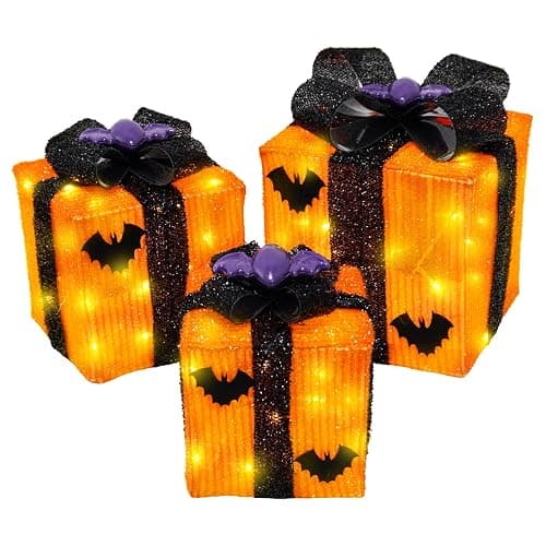 Caxchiling Halloween Lighted Gifts Boxes 3 Pak Gift Boxes with 52 Led Lights Bats Battery Operated Timer Light Up Boxes Decorations for Indoor Home Porch Party Yard - Top bat decor thumbnail 8