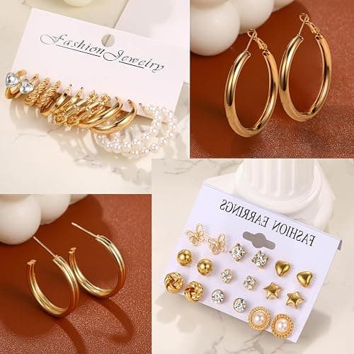 45 Pairs Gold hoop Earring Set for Women, Fashion Stud Pearl Earrings Multipack, Hypoallergenic Twisted Heart Earring Pack, Gold Hoops Earrings for Party Jewelry with Gift Bag thumbnail 9