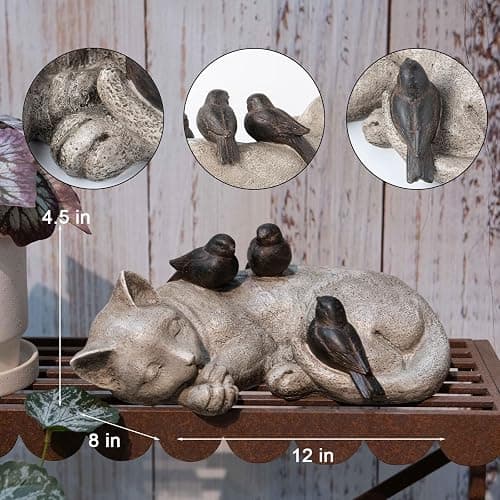 LC LCdecohome Sleeping Cat Garden Statues Outdoor - 12" Sparrows On Cat Figurine Memorial Statue Grave Markers Garden Resin Statues for Outdoor Decor Outdoor Statue Resin 12" x 8" x 4.5" thumbnail 7
