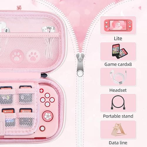BRHE Pink Travel Carrying Case Accessories Kit for Switch Lite, Hard Protective Cover Skin Shell with Stand, Glass Screen Protector, Thumb Grip Caps 9 in 1 thumbnail 2