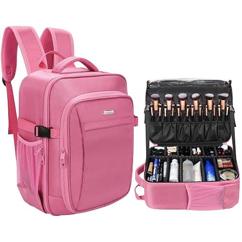 Relavel Makeup Backpack, Professional Travel Train Case Makeup Artist Kit Set Bag for Women Extra Large Cosmetic Organizer, Brush Storage Holder, with Adjustable High Dividers, Rose Pink - Image 1
