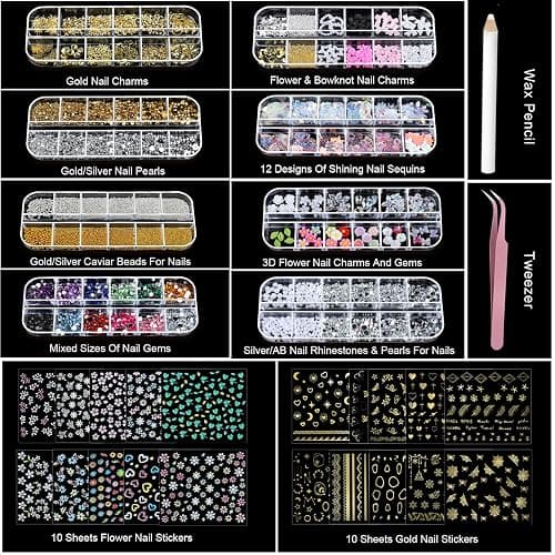 Teenitor Nail Charms Nail Stickers for Nail Art Kit, 8 Boxes Nail Rhinestones Nail Gems Pearls for Nails with 20 Sheets Nail Art Stickers, 3D Gold Nail Charms and Gems Nail Supplies Nail Art Tools thumbnail 7