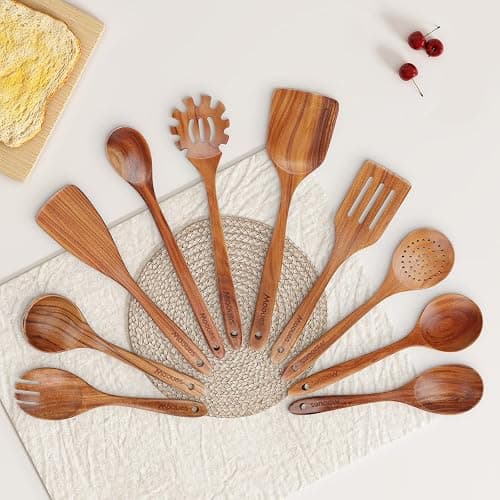 Mooues Wooden Spoons for Cooking, Wooden Utensils for Cooking Natural Teak Wooden Kitchen Utensils Set Comfort Grip (10 PCS SET) thumbnail 6