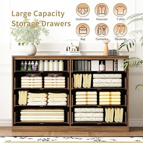 Sscaktu 8 Drawer Dresser for Bedroom, Modern Fluted Double Dresser, 55" Wide Chest of Dressers, Mid Century Wooden Beside Table for Closet, Living Room and Entryway, Natural thumbnail 6