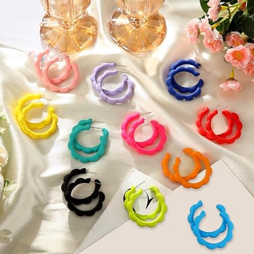 Sasylvia 16 Pairs Colored Hoop Earrings for Women Matte Colorful Hoop 80s Retro Neon Summer Drop Earrings thumbnail 5