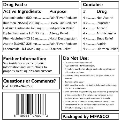 MFASCO - 7 in 1 - Travel Size Medicine Kit - TSA Approved | 28 First Aid Emergency OTC Medicine Packets for Cruise & International Travel | Compact Med Refill for Traveling & Office Assembled in USA thumbnail 8