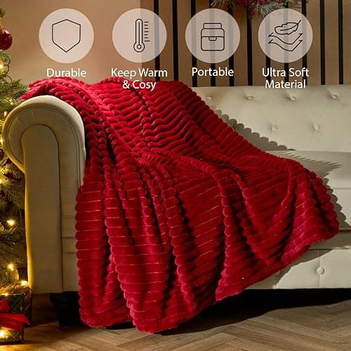 OHS Throws for Sofa Ribbed Faux Fur, Decorative Thick Soft Blanket Bed Throw Cosy Warm Winter Blanket Throws for Sofa Decorative Couch Cover, 125 x 150cm - Red - Red - 125 x 150cm thumbnail 5