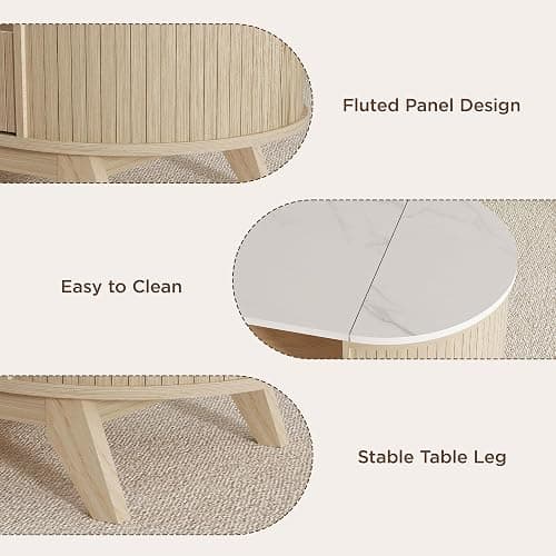 Coffee Table with Storage, Mid Century Modern Center Table for Living Room, Oval Fluted Coffee Table with Hidden Storage Space, Open Shelf & Drawer, Natural Wood thumbnail 5